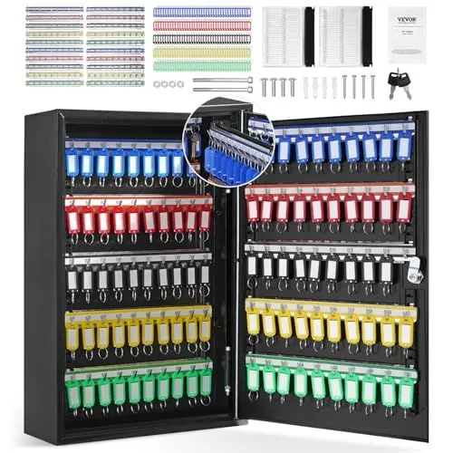 Produktbild: VEVOR Schlüsselschrank Schlüsselkasten 200 Schlüssel, Schwarz Schlüsselbox Schlüsseltresor Einstellbar, Abschließbarer Schlüsselschrank mit 20 Schlüsselhaltern, 2 Schlüsseln & 4 Karteikarten