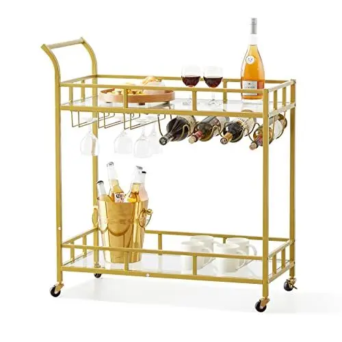 Produktbild: VEVOR Servierwagen Barwagen Rollwagen 2 Ebenen, Weinwagen 55 kg Belastbar, Mobiler Getränkewagen, Verspiegelte Glasablagen 85,5 x 38 x 93 cm, für kleine Räume, Küche, Esszimmer, Bar, Goldfarben