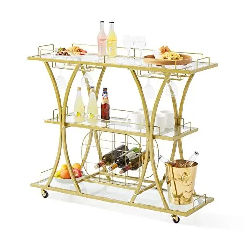 Produktbild: VEVOR Servierwagen Barwagen Rollwagen 3 Ebenen, Weinwagen 82 kg Belastbar, Mobiler Getränkewagen, Verspiegelte Glasablagen 111 x 35 x 92,5 cm, für kleine Räume, Küche, Esszimmer, Bar, Goldfarben