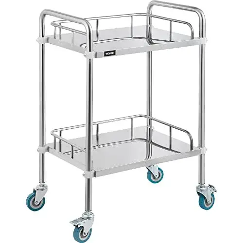 Produktbild: VEVOR Servierwagen Edelstahl Serving Lab Trolley 2 Böden Laborwagen Tragbar Abräumwagen Medical Dental Lab Cart Transportwagen Rollwagen Medizinisch Universalräder Zwei Fußbremsen Breite Anwendung