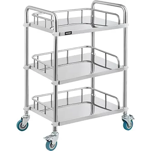 Produktbild: VEVOR Servierwagen Edelstahl Serving Lab Trolley 3 Böden Laborwagen Tragbar Abräumwagen Medical Dental Lab Cart Transportwagen Rollwagen Medizinisch Universalräder Zwei Fußbremsen Breite Anwendung, Mittel