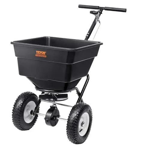 Produktbild: VEVOR Streuwagen 56L Saatgutstreuer 1145x545x830mm Düngerstreuer 0–3m Streubreite Schleuderstreuer 45kg Gewichtskapazität Handstreuer Streuhandwagen Q235-Rahmen Kunststoffrad Salzstreuer