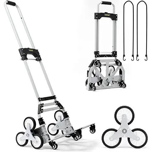Produktbild: VEVOR Transportkarre 50-150kg Sackkarre Aluminiumlegierung Treppensackkarre Leichtgängige Räder Treppensteiger 82-116cm Einstellbare Griffhöhe 39x27cm Ladefläche Lagerhäuser Flughäfen Einkaufszentren