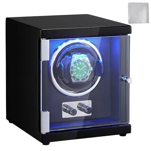Produktbild: VEVOR Uhrenbeweger, Automatik-Uhrenbeweger, Watch Winder, Uhrenbeweger für Automatikuhren, Automatischer Uhrenbeweger mit Platz für 1 Uhr, LED Beleuchtung, 150–207 mm Einstellbare Riemenlänge