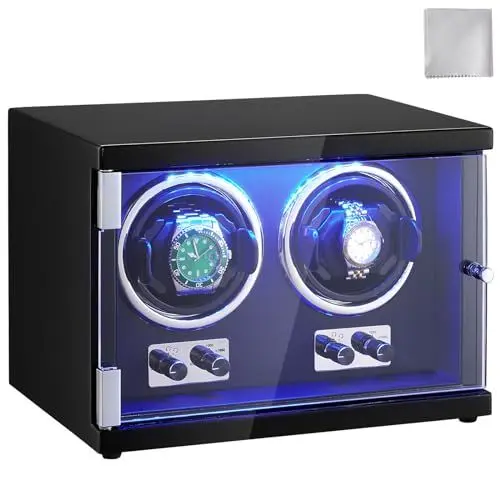 Produktbild: VEVOR Uhrenbeweger, Automatik-Uhrenbeweger, Watch Winder, Uhrenbeweger für Automatikuhren, Automatischer Uhrenbeweger mit Platz für 2 Uhren, LED Beleuchtung, 150–207 mm Einstellbare Riemenlänge