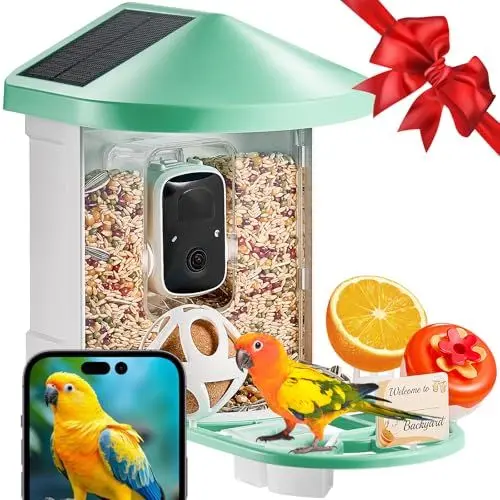 Produktbild: VEVOR Vogelfutterhaus mit Kamera 2K HD KI Vogelerkennung über 10.000 Vogelarten solarbetriebene Vogelbeobachtungskamera mit automatischer Aufnahme und sofortiger Benachrichtigung (2 Solarmodule) Grün