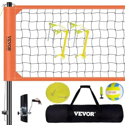 Produktbild: VEVOR Volleyballnetz Höhenverstellbares Volleyballnetz Set, 9,7 x 2,4 m Tragbarer Beachvolleyball-Netz, Orange Volleyballnetz Faltbare Volleyballnetz mit Volleyball & Tragetasche, für Garten, Strand