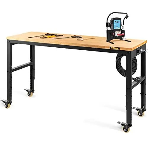 Produktbild: VEVOR Werkbank, höhenverstellbar, 122 cm L x 61 cm B x 104 cm H, Garagentisch mit 79 cm – 104 cm Höhe, 725,7 kg Kapazität, mit Steckdosen und Hartholzplatte und Metallrahmen & Drehgelenk Rolle
