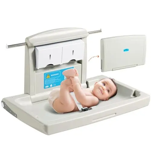 Produktbild: VEVOR Wickelkombi Wandmontierte Wickelkommode, Abnehmbarer Wickeltisch Wickelwagen, Grau Wickeltisch mit Wickelauflage, Sicherheitsgurt, Platzsparend & Stabil, Wickelregal 20 kg Tragfähigkeit Baby