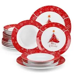 Produktbild: VEWEET, Serie CHRISTMASTREE, 18-teiliges Porzellan Weihnachtsgeschirr Set für 6 Personen – Teller Set aus 6 Speiseteller, 6 Dessertteller, 6 Suppenteller, Weihnachtsgeschirr mit Weihnachtsbaum