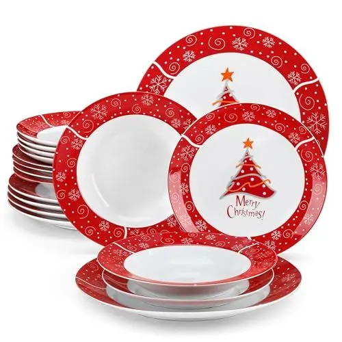 Produktbild: VEWEET, Serie CHRISTMASTREE, 18-teiliges Porzellan Weihnachtsgeschirr Set für 6 Personen – Teller Set aus 6 Speiseteller, 6 Dessertteller, 6 Suppenteller, Weihnachtsgeschirr mit Weihnachtsbaum