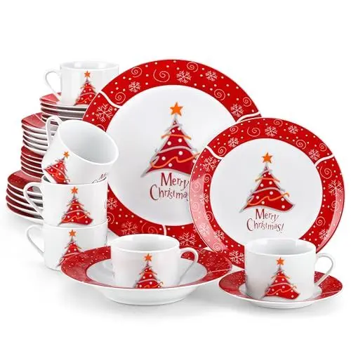 Produktbild: VEWEET, Serie CHRISTMASTREE, 30-teiliges Porzellan Weihnachtsgeschirr Set für 6 Personen, Weihnachts Kaffeeservice für 6 Speiseteller, 6 Dessertteller, 6 Suppenteller, 6 Kaffeetassen und 6 Untertassen