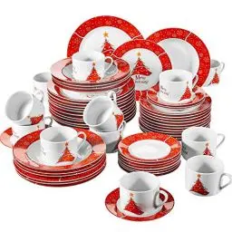 Produktbild: VEWEET, Serie CHRISTMASTREE, 60-teiliges Porzellan Weihnachtsgeschirr Set für 12 Personen, Kaffeeservice für 12 Speiseteller, 12 Dessertteller, 12 Suppenteller, 12 Kaffeetassen und 12 Untertassen