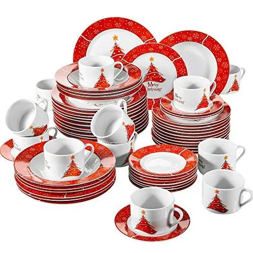 Produktbild: VEWEET, Serie CHRISTMASTREE, 60-teiliges Porzellan Weihnachtsgeschirr Set für 12 Personen, Kaffeeservice für 12 Speiseteller, 12 Dessertteller, 12 Suppenteller, 12 Kaffeetassen und 12 Untertassen