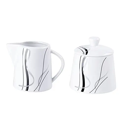 Produktbild: VEWEET, Serie 'Fiona' 2-teilig Porzellan Milchkännchen und Zuckerbehälter Set, 250 ml Zuckerdose mit eine Deckel, 180 ml Milchkännchen, Milch- und Zuckerset | Ergänzung zum Tafelservice 'Fiona'