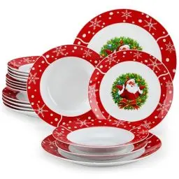 Produktbild: VEWEET, Serie SANTACLAUS, 18-teiliges Porzellan Weihnachtsgeschirr Set für 6 Personen – Teller Set aus 6 Speiseteller, 6 Dessertteller, 6 Suppenteller, Weihnachtsgeschirr mit Weihnachtsmann