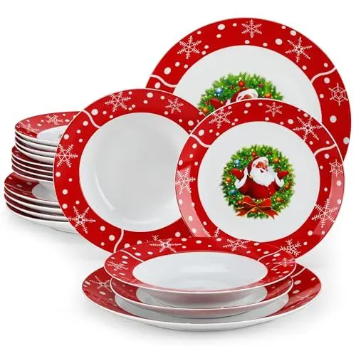 Produktbild: VEWEET, Serie SANTACLAUS, 18-teiliges Porzellan Weihnachtsgeschirr Set für 6 Personen – Teller Set aus 6 Speiseteller, 6 Dessertteller, 6 Suppenteller, Weihnachtsgeschirr mit Weihnachtsmann