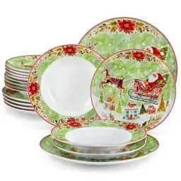 Produktbild: VEWEET, Serie XMAS, 18-teiliges Porzellan Weihnachtsgeschirr Set für 6 Personen – Teller Set aus 6 Speiseteller, 6 Dessertteller, 6 Suppenteller, Weihnachtsgeschirr mit Weihnachtsmann und Rentiere