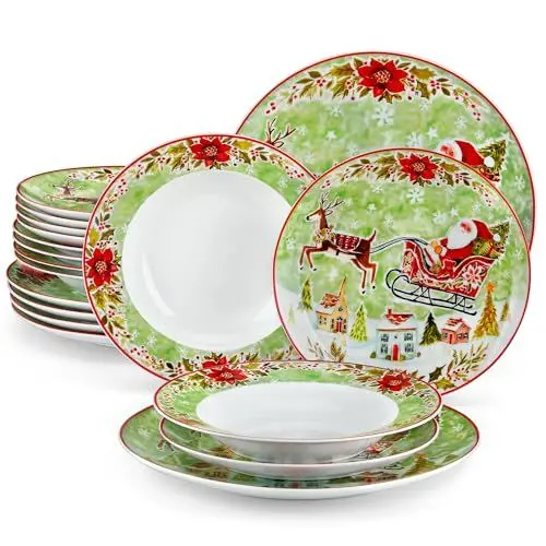 Produktbild: VEWEET, Serie XMAS, 18-teiliges Porzellan Weihnachtsgeschirr Set für 6 Personen – Teller Set aus 6 Speiseteller, 6 Dessertteller, 6 Suppenteller, Weihnachtsgeschirr mit Weihnachtsmann und Rentiere