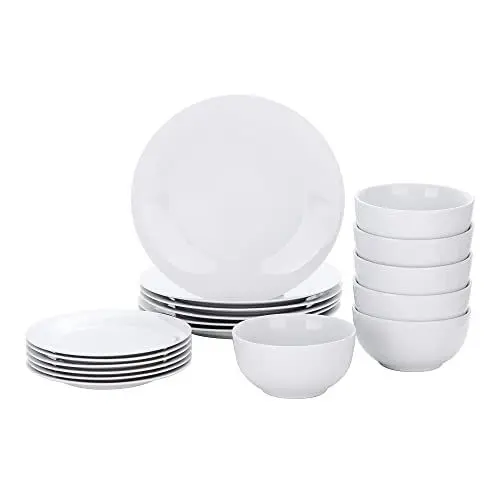 Produktbild: VEWEET Geschirrset für 6 Personen, modernes Tafelservice aus Porzellan, 18-teilig – mit Esstellern, Desserttellern und Müslischalen, in Weiß, mikrowellen- und spülmaschinengeeignet, Serie BASIC