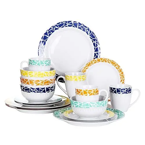 Produktbild: VEWEET Geschirrset 4 Personen, 16-tlg. Porzellan Tafelservice, Modernes Kombiservice mit Speisetellern, Desserttellern, Müslischalen & Kaffeebechern, Spülmaschinen- & Mikrowellengeeignet, Serie CECIL
