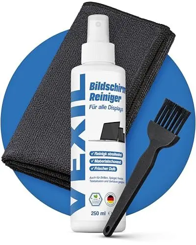 Produktbild: VEXIL® Bildschirmreiniger Spray - speziell für Smartphone, Tablet, Handy, Laptop, Monitor & Fernseher (LED, OLED, QLED, LCD, TFT) Entfernt schonend Fett & Fingerabdrücke - mit Mikrofasertuch & Pinsel