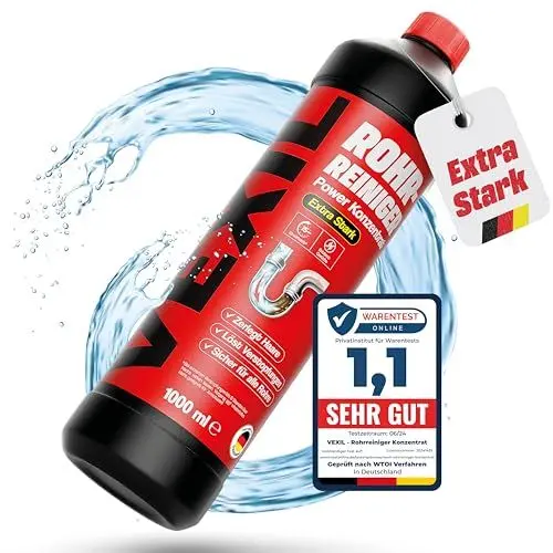 Produktbild: VEXIL Rohrreiniger - Profi Abflussreiniger EXTRA STARK für Extremfälle - 1L Power Konzentrat löst hartnäckigste Verstopfungen wie Haare, Seifenreste, Fette - biologisch abbaubar - Made in Germany