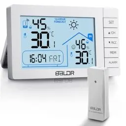 Produktbild: Vexloria Wetterstation Funk mit Außensensor, Digital DCF-Funkuhr Thermometer Innen Außen, Raumthermometer Innen Hygrometer mit Temperaturanzeige Beleuchtung, Wettervorhersage, Uhrzeitanzeige, Wecker