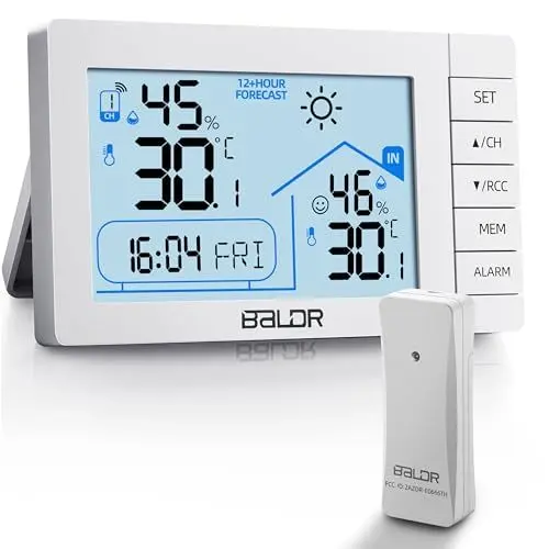 Produktbild: Vexloria Wetterstation Funk mit Außensensor, Digital DCF-Funkuhr Thermometer Innen Außen, Raumthermometer Innen Hygrometer mit Temperaturanzeige Beleuchtung, Wettervorhersage, Uhrzeitanzeige, Wecker