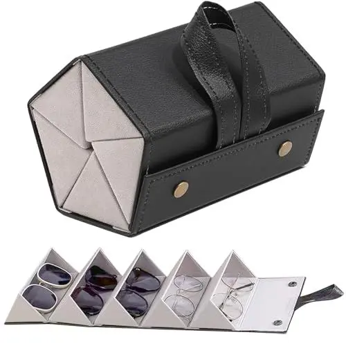 Produktbild: VexNook Faltbares Reise-Sonnenbrillenetui für Damen mit 5 Steckplätzen – Faltbare Sonnenbrillen Aufbewahrungsbox, PU-Leder, Passt für die meisten Brillen, Must-have für Reisen (Schwarz)