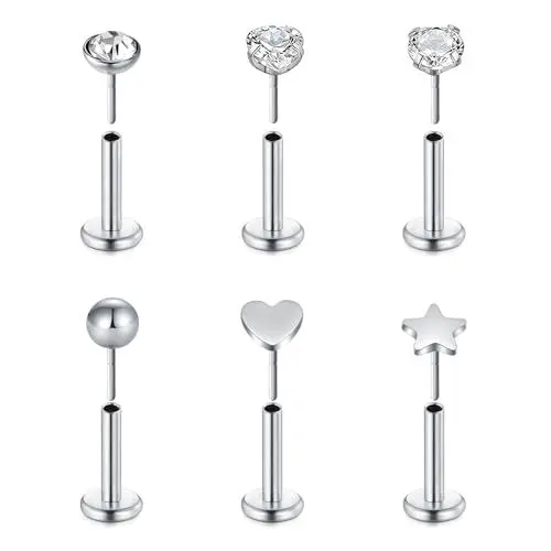 Produktbild: VF VFUN 16G Lippenpiercing Edelstahl Diamant CZ Lippen Piercings Stecker Labret Tragus Helix Ohrringe 6mm Lippenring Piercing Schmuck Silber