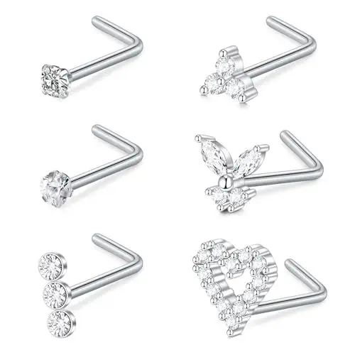 Produktbild: VF VFUN 6Stück 18G Nasenring Edelstahl Nasenpiercing Silber L-Form Nasenstecker Hypoallergen Nasenringe Klar Diamant CZ Herz Schmetterling Piercing-Schmuck für Damen