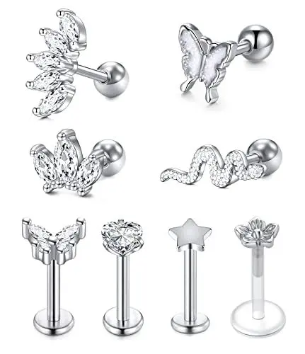 Produktbild: VFUN 16G Tragus Piercing mit Schmetterling Schlange Diamond CZ Chirurgenstahl Helix Ohr Conch Stecker Ohrpiercing Damen Piercing Silber