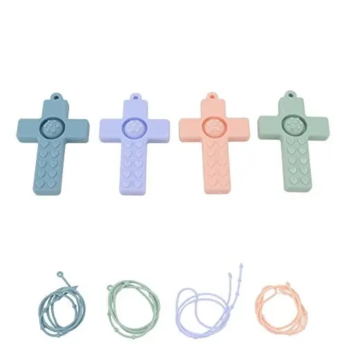 Produktbild: VGEBY Baby Beißring, 4 Stück Nuby Beißring Kreuz Silikon Zahnen Erleichterung Geruchlos Buntes Kauspielzeug für Kleinkinder mit Umhängeband Taktiles Trainingsspielzeug