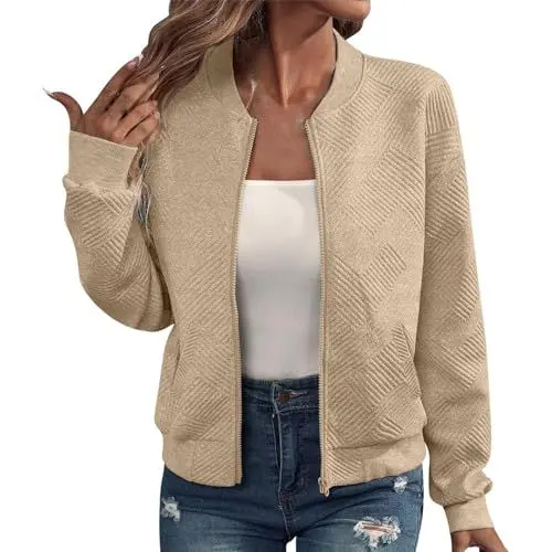 Produktbild: VgguDoe Bomberjacke Damen Sommer,Einfarbig Jacke Dünne,College Jacket Mädchen,Jacke Damen Sommer Leicht,Workout Kurzjacke,Pilotenjacke Zipper Frühlingsjacke Beige S