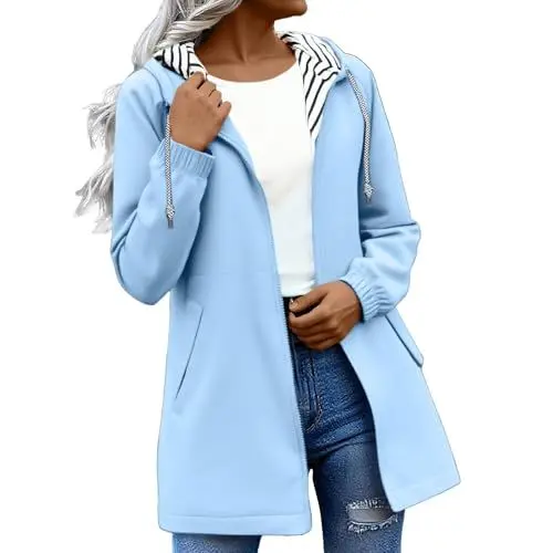 Produktbild: VgguDoe Einfarbig Regenjacke Damen Wasserdicht mit Reißverschluss,Regenjacke Mädchen Atmungsaktiv,Regenmantel Damen Lang,Parka Rain Jacket Women 1-1-hellblau L