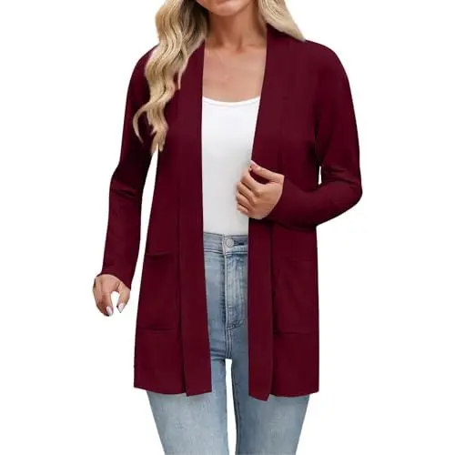 Produktbild: VgguDoe Lange Strickjacke Damen,Einfarbig Dünn Strickjacken,Cardigan Damen Lang,Übergangsjacke Frühling,Pullover & Strickjacken für Frauen,Longstrickjacke Women 1-1-wein XL