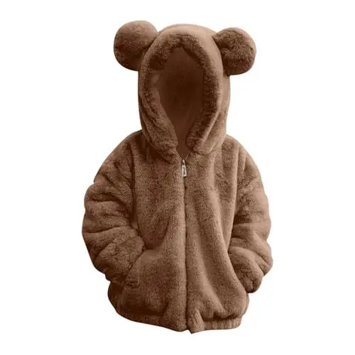 Produktbild: VgguDoe Teddyfleece Jacke Kinder Mädchen mit Kapuze Reißverschluss Bärenohren,Winterjacke Hoodie,Warme Wintermantel Mädchen,Warm Fleecejacke,Kuscheljacke Kinder Braun 3-4 Jahre