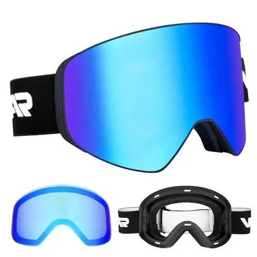 Produktbild: Vgooar OTG Skibrille Mit Magnetischer Abnehmbarer Linse - Rahmenlos, Zylindrische Linse, Antibeschlag, UV400 Schutz Für Herren Und Damen (Blau)