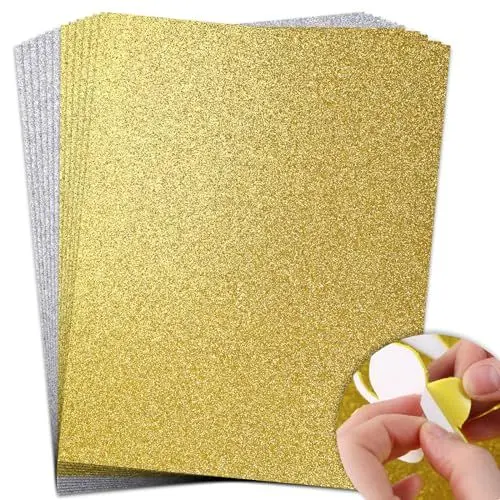 Produktbild: VGOODALL 20 Blatt Glitzer Moosgummi, A4 Selbstklebend Glitzerschaum Gold Silber Schaumgummi Glitzerpapier für Kinder Kartengestaltung