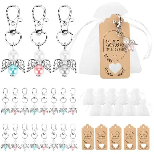 Produktbild: VGOODALL 40 Stücke Schutzengel Anhänger, Schlüsselanhänger +Organza Beutel +Kraftpapier Anhänger für Abschiedsgeschenk Glücksbringer Gastgeschenke Taufe Hochzeit Konfirmation
