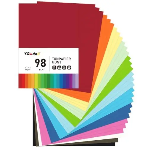 Produktbild: VGOODALL 98 Blatt Buntpapier, 12 Farben A4 Tonpapier 29,7 x 21 cm Bunt Bastelkarton 300 g/m² für DIY Bastelprojekte Basteln