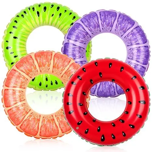 Produktbild: VGOODALL 4 Stück Obst Schwimmring, Kinder Aufblasbarer Schwimmreifen Wassermelonen Grapefruit Kiwi Orangen Pool Zubehör für Kinder Sommer Schwimmbad Pool Strand