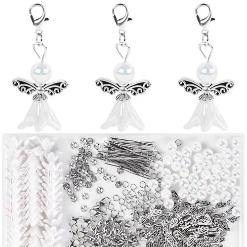 Produktbild: VGOODALL 50 Stück Schutzengel Selber Machen Set, Weiß Perlenengel Anhänger Basteln Charms Anhänger Perlen Engel Bastelset für DIY Basteln Charms Anhänger Schlüsselanhänger Engel