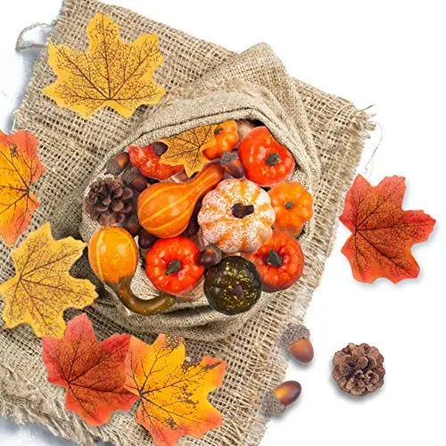 Produktbild: VGOODALL Künstliche Kürbisse Set, 50 Stück Seidenahornblatt Eicheln Tannenzapfen Kürbis für Herbstdekoration Halloween
