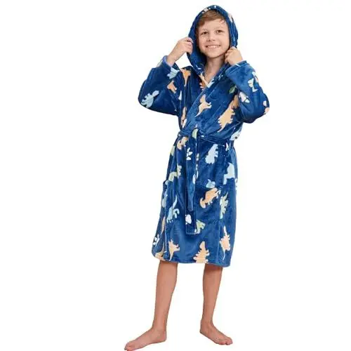 Produktbild: V.&GRIN Bademantel Kinder Jungen, Weicher Fleece Unisex Morgenmantel mit Kapuze für Kinder von 3–14 Jahren in Größen 90 -162cm