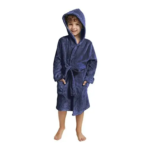 Produktbild: V.&GRIN Jungen-Fleece-Bademantel, weicher Fuzzy-Bademantel mit Kapuze für Kleinkinder für Kinder von 3–14 Jahren (Marineblau 13–14