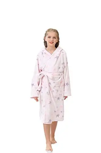 Produktbild: V.&GRIN Mädchen-Fleece-Bademantel, weicher Fuzzy-Bademantel mit Kapuze für Kleinkinder von 3–14 Jahren (Rosa/Sterne 11–12)