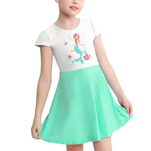 Produktbild: V.&GRIN Mädchen Kleid Weiche Sommerkleider für Kinder mit Einhorn Regenbogen Schmetterling Meerjungfrau und Blumenmustern in Kurzen und Langen Ärmeln Gr. 90-135cm 3 bis 8 Jahren