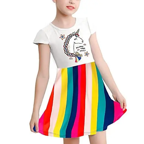 Produktbild: V.&GRIN Mädchen Kleider Weiche Sommerkleid für Kinder mit Einhorn Regenbogen Schmetterling Meerjungfrau und Blumenmustern in Kurzen und Langen Ärmeln Gr. 90-135cm 3 bis 8 Jahren